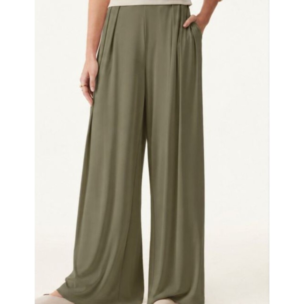 OGL Olive Sandwashed Pleated Wide Leg Palazzo Pants with Pockets Size Medium